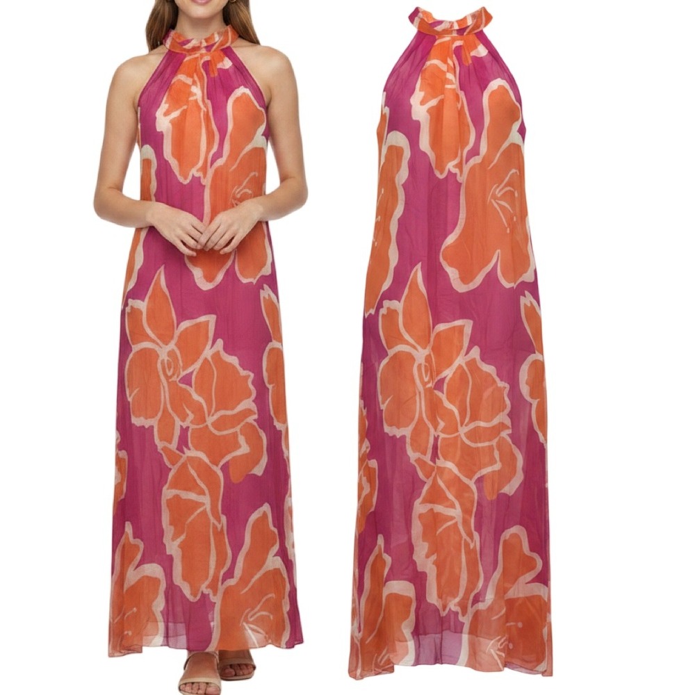 Bellambra Made in Italy Halter Maxi Dress Orange Fuchsia Floral Silk Blend  M